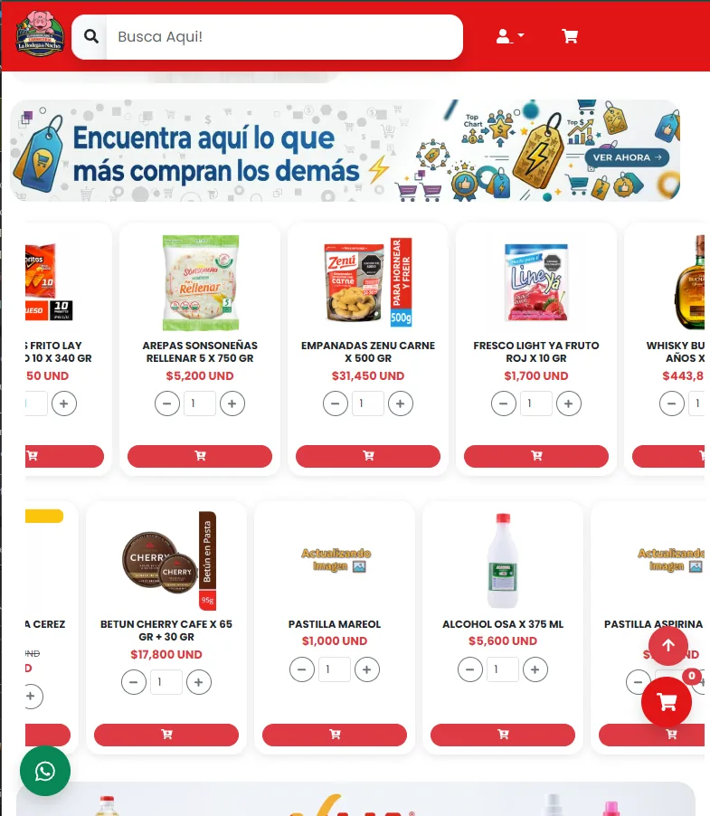 La Bodega de Nacho product catalog with prices and add-to-cart buttons