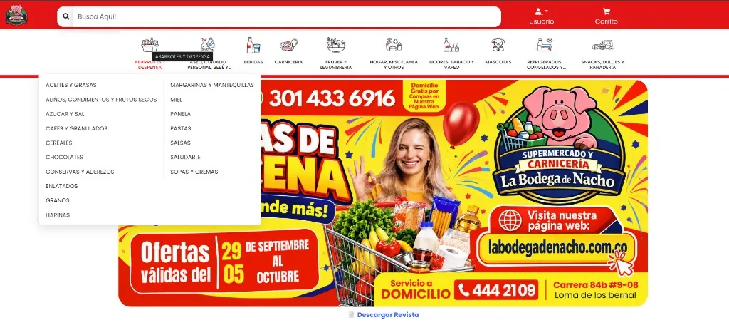 La Bodega de Nacho homepage with the category menu and offers banner